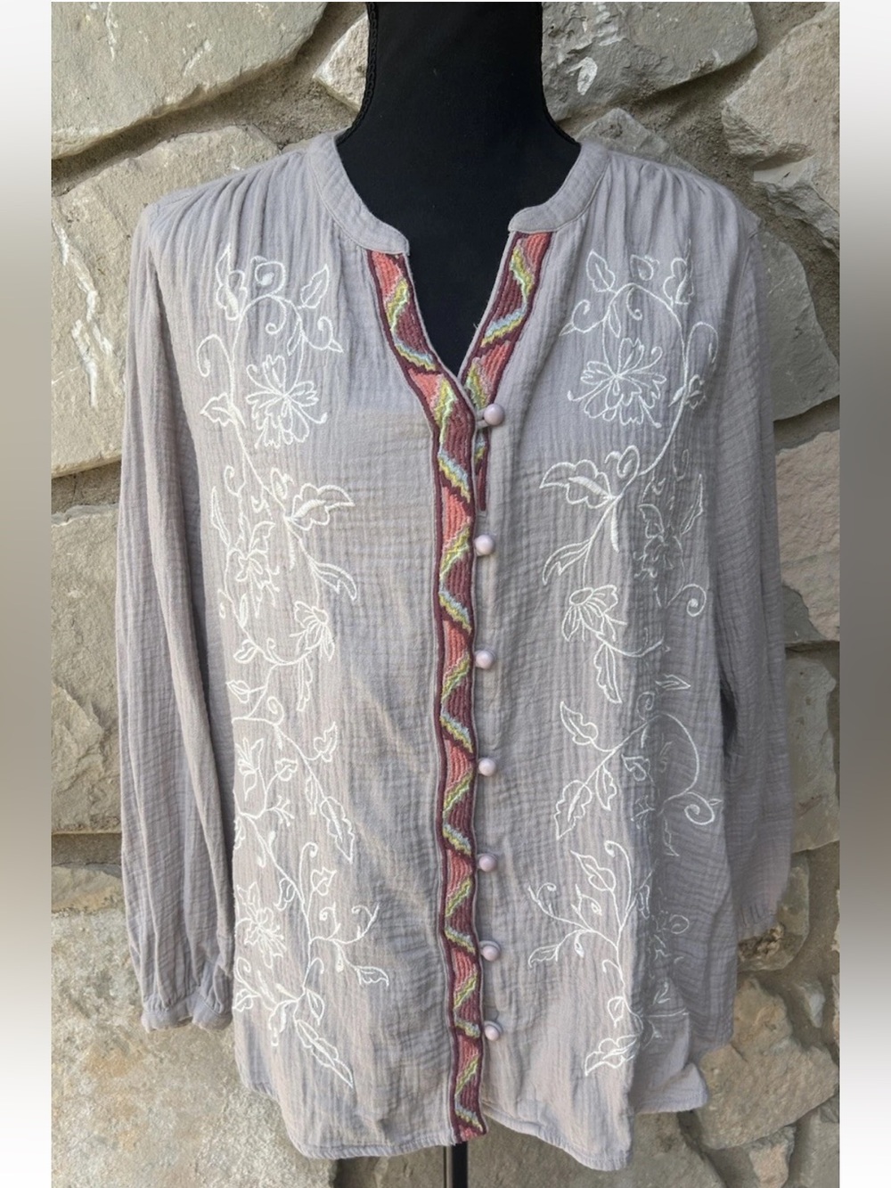 Coldwater Creek Cotton Tunic Top Medium Beige Embroidered Button Front Excellent